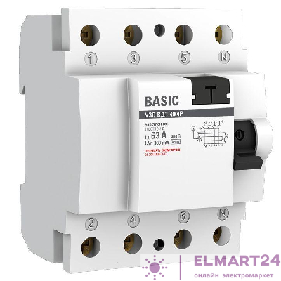 Выключатель дифференциального тока (УЗО) 4п 63А 300мА ВДТ-40 (электрон.) Basic EKF elcb-4-63-300e-sim