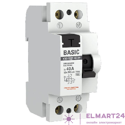 Выключатель дифференциального тока (УЗО) 2п 40А 300мА ВДТ-40 (электрон.) Basic EKF elcb-2-40-300e-sim