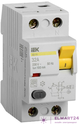 Выключатель дифференциального тока (УЗО) 2п 32А 100мА тип AC ВД1-63 IEK MDV10-2-032-100