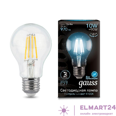 Лампа светодиодная филаментная Black Filament 10Вт A60 грушевидная 4100К нейтр. бел. E27 970лм GAUSS 102802210