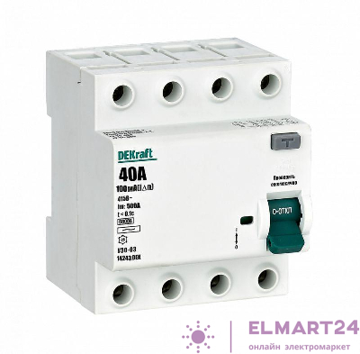 Выключатель дифференциального тока (УЗО) 4п 40А 100мА тип AC 6кА УЗО-03 DEKraft 14243DEK
