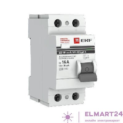 Выключатель дифференциального тока (УЗО) 2п 16А 30мА тип A ВД-100 (электромех.) PROxima EKF elcb-2-16-30-em-a-pro
