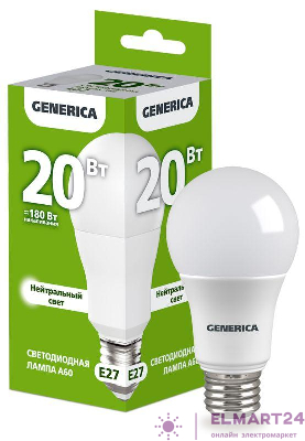 Лампа светодиодная A60 20Вт грушевидная 4000К E27 230В GENERICA LL-A60-20-230-40-E27-G