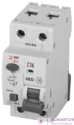 Выключатель автоматический дифференциального тока 1P+N C16 30мА тип А АВДТ 4.5кА PRO D32E2C16А30 АД32 электронное Эра Б0057381