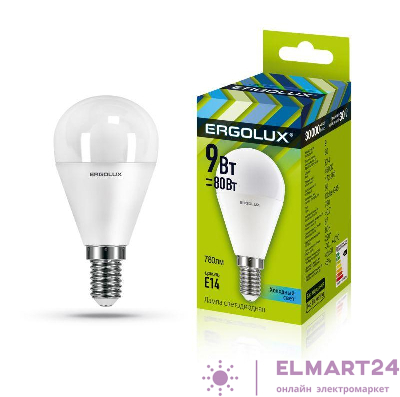 Лампа светодиодная LED-G45-9W-E14-4К 9Вт шар 4000К нейтр. бел. E14 172-265В Ergolux 13174