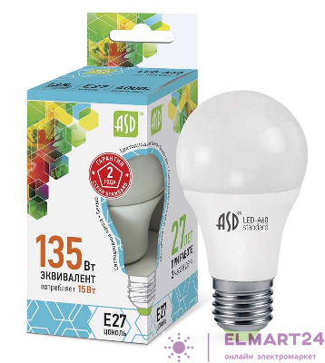 Лампа светодиодная LED-A60-standard 15Вт грушевидная 4000К нейтр. бел. E27 1350лм 160-260В ASD 4690612002101