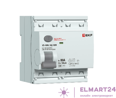Выключатель дифференциального тока 4п 80А 30мА тип A 6кА ВД-100N электромех. PROxima EKF E1046MA8030