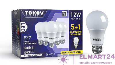 Набор ПРОМО лампа светодиодная 12Вт А60 4000К Е27 176-264В (Promo 5+1 шт) TOKOV ELECTRIC Promo-A60-E27-12-4K