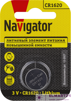 Элемент питания литиевый CR1620 93 827 NBT-CR1620-BP1 (блист.1шт) NAVIGATOR 93827